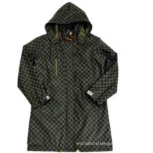 Black Hooded Check Waterproof PU Raincoat